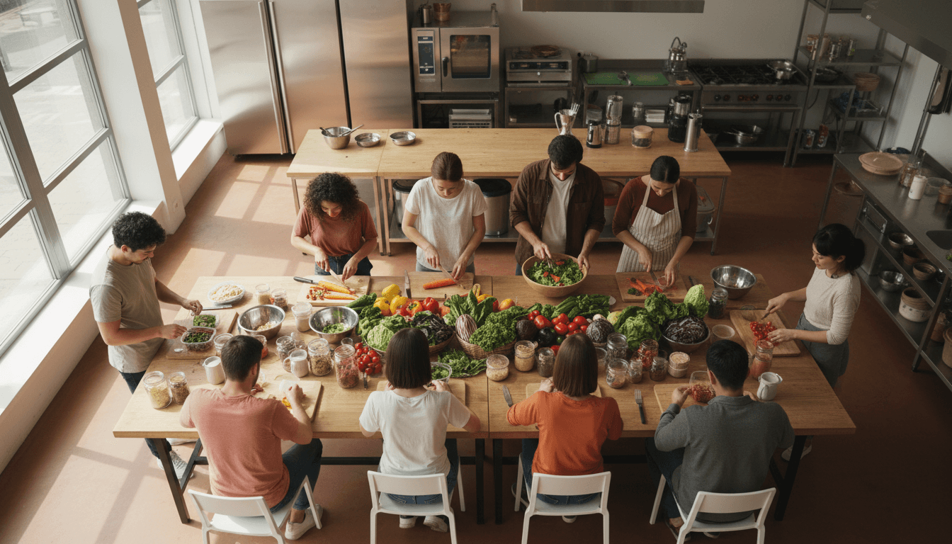 A warm, inviting overhead aesthetic capturing a diverse group of young adults gathered around a large communal kitchen table