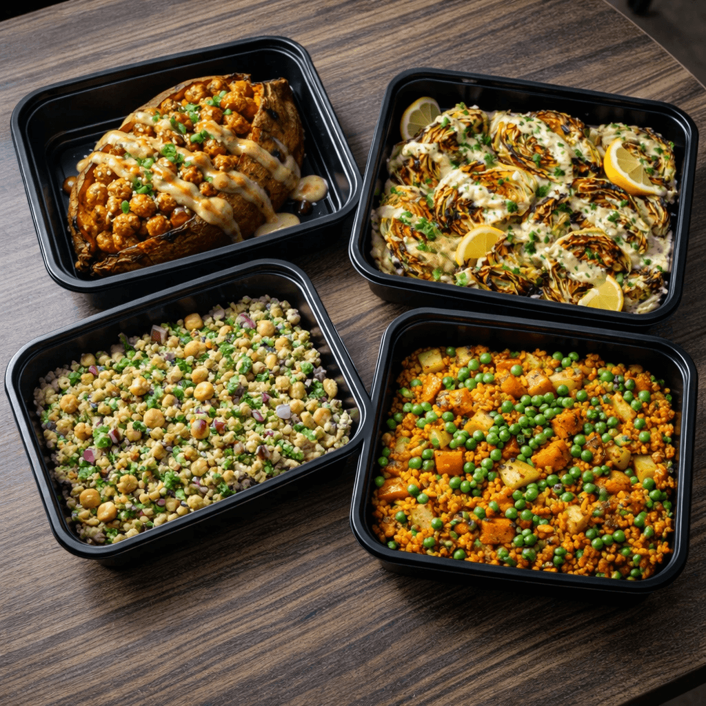 Four black containers with stuffed sweet potato, roasted cabbage, and colorful vegetable grain salads.