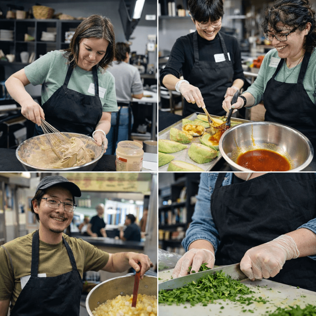 Collage of people whisking batter, drizzling sauce, stirring corn, and chopping herbs in a kitchen.