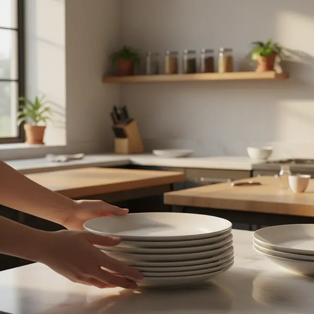 Hands holding a stack of white plates on a marble countertop in a sunlit kitchen.