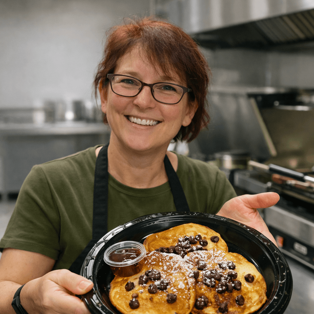 Smiling woman in an apron holds a plate of chocolate chip pancakes with powdered sugar.