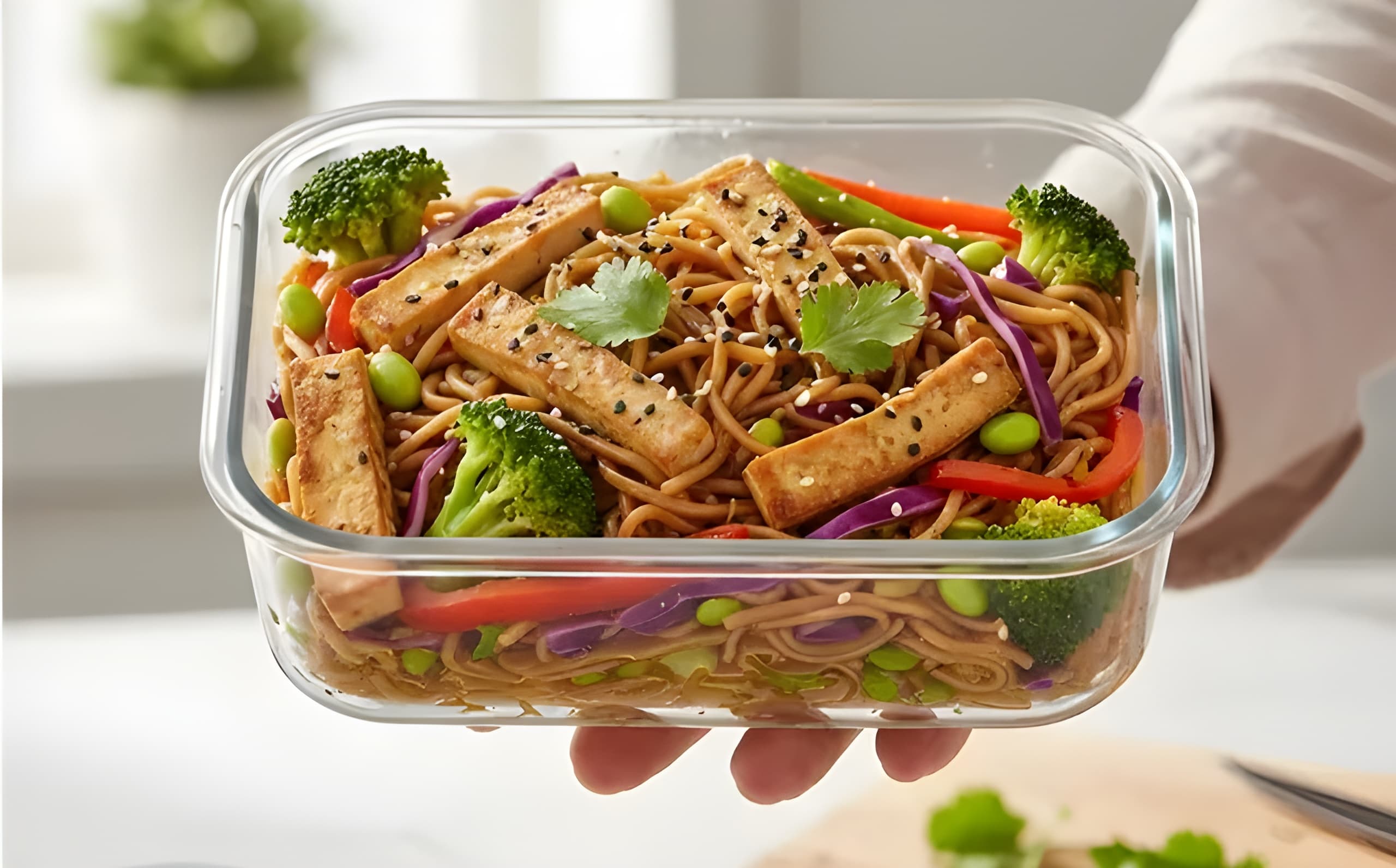 Glass meal prep container with tofu noodle stir-fry, broccoli, peppers, edamame, and sesame seeds.