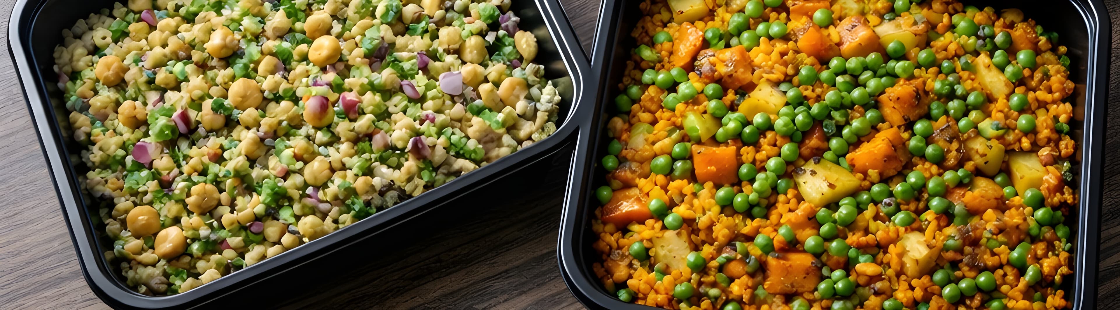 Two black containers holding grain salads with chickpeas, green peas, red onion, and sweet potato.