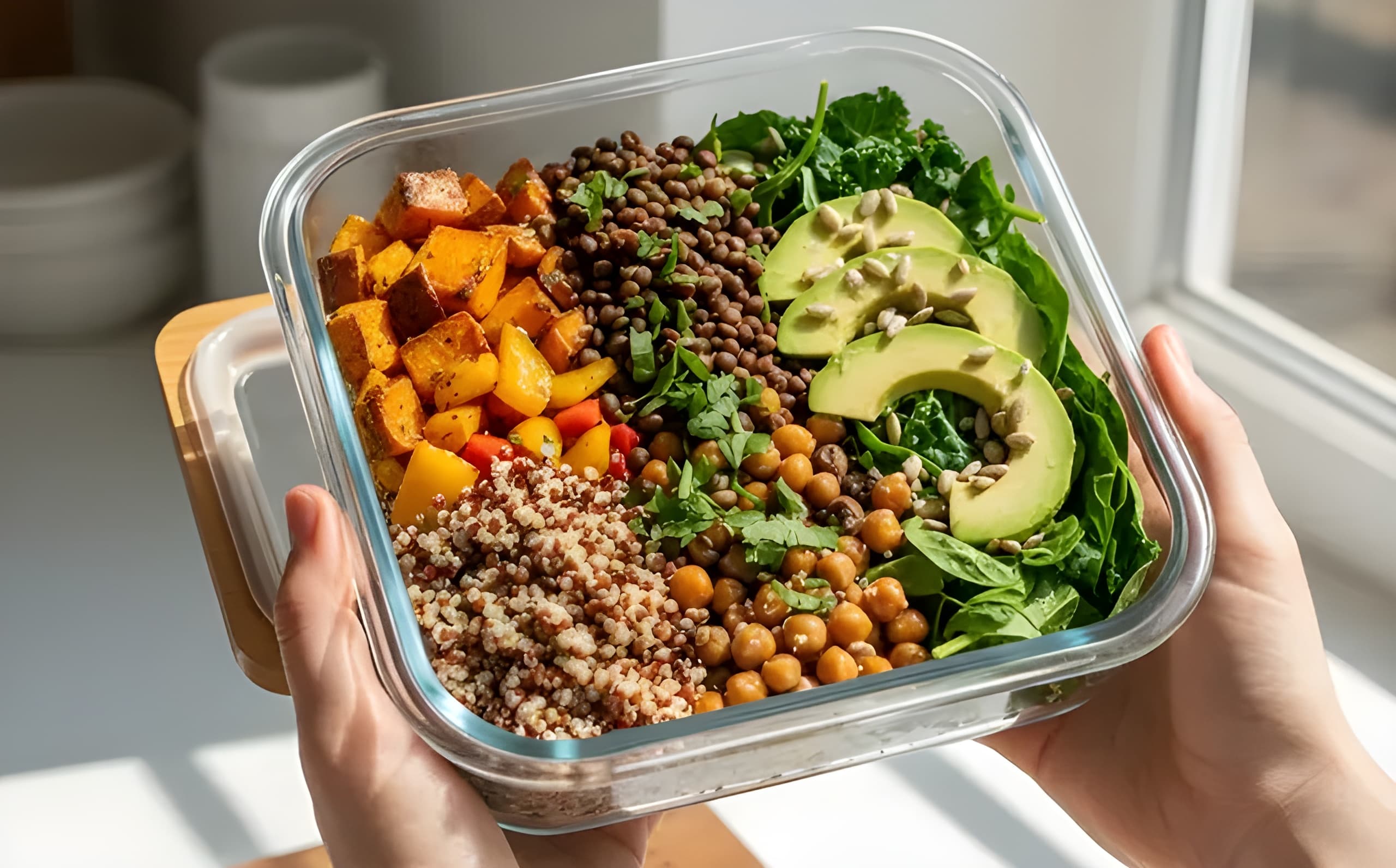 Hands holding a glass container with roasted sweet potatoes, lentils, quinoa, chickpeas, avocado, and greens.